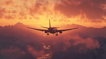 Airplane landing, sunset mountains, clouds, valley