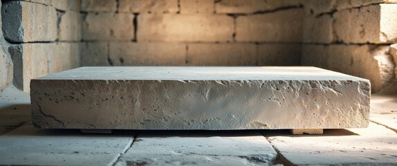 Ancient stone chamber with a rectangular slab illuminated by soft light.