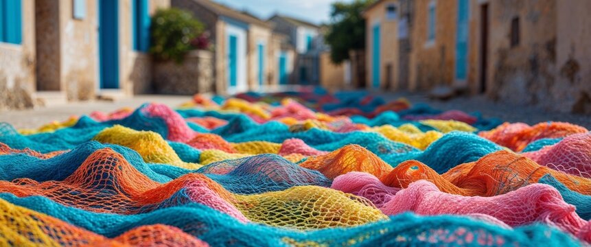 Colorful Fishing Nets Lying on Sandy Street in Coastal Village.