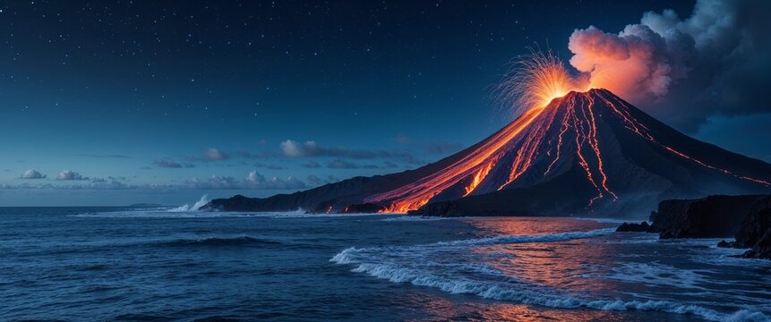 A volcano erupts lava into the ocean at night.