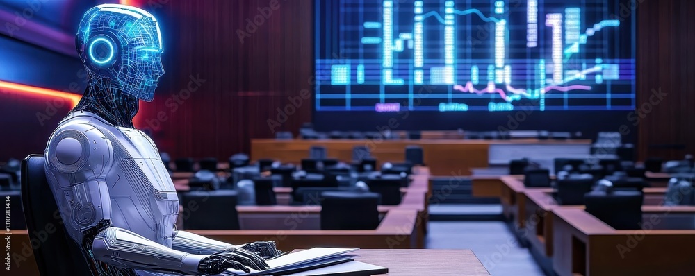 Poster a futuristic robot sits in a modern conference room, analyzing data displayed on screens, showcasing