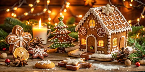 Warmly lit Christmas bakery with gingerbread and sugar decorations, festive holiday atmosphere, traditional German treats, festive decor, holiday baking
