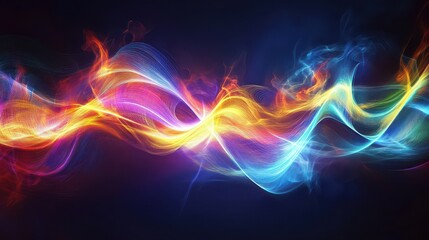 Vibrant, abstract lines of light in a spectrum of colors dance gracefully across a deep black background, creating a mesmerizing visual effect that evokes energy and movement.