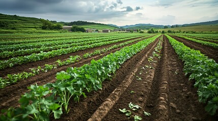 Obraz premium Rows of green plants growing on a cultivated farmland landscape