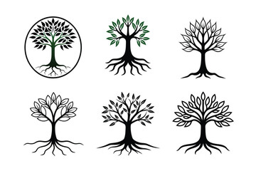 6 icon set on  tree silhouette and line art vector illustration on white background