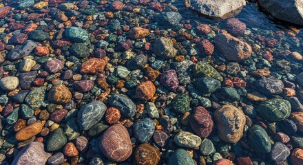 Colorful River Rocks Underneath Clear Water Surface Creates a Serene Scene