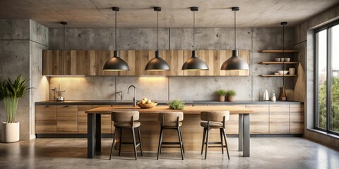 Modern Kitchen Island Design with Wooden Cabinets and Industrial Lighting