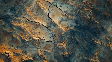 94.A stark top-down perspective of cracked, dry soil, with intricate fissures cutting through the land, representing desolation and the consequences of drought.