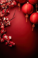 Fototapeta premium Red lanterns, plum blossoms, Chinese New Year, celebration, greeting card