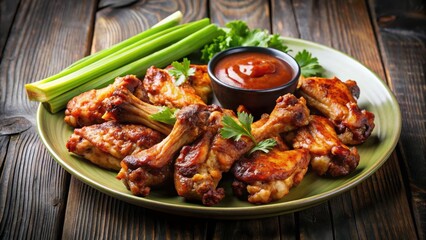 Crispy grilled chicken wings on a plate with BBQ sauce and celery sticks, grilled chicken wings, meat, grilled chicken wings, meat
