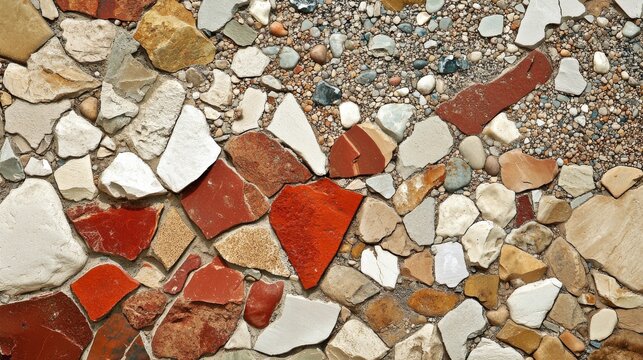 28.A textured background featuring a mix of sand, crushed stone, and reddish ceramic shards, highlighting the diversity of abiotic components.