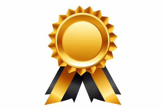 Badge gold medal with red ribbon, award, gold, ribbon, medal, badge, vector, icon, prize, label, winner, best, first, certificate, success, symbol, golden, achievement, silver, seal, win, bronze, bann