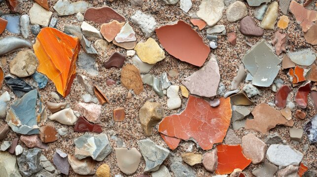 28.A textured background featuring a mix of sand, crushed stone, and reddish ceramic shards, highlighting the diversity of abiotic components.