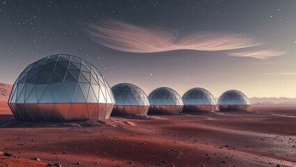 Futuristic Habitat Domes on an Extraterrestrial Planet Landscape View