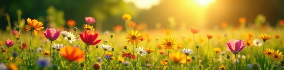 Sun-drenched meadow, vibrant wildflowers in bouquet , stock, landscape