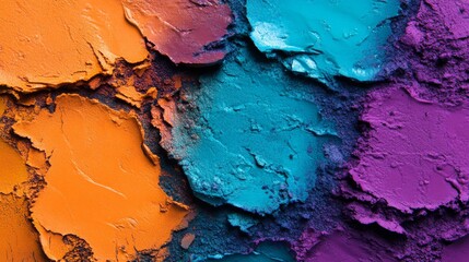 8.A vibrant close-up of a rough, textured surface blending vivid colors like turquoise, orange, and purple, with a gritty, tactile appearance.