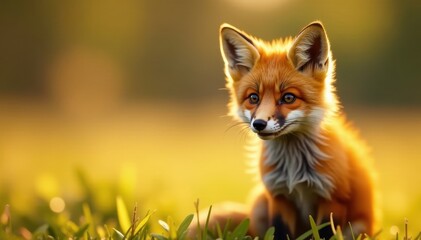 Adorable red fox kit, curious gaze, sunny field , wild animal, wildlife photography, spring