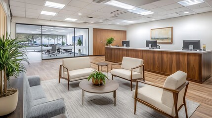 Serene executive office reception area with modern furniture and a calming atmosphere