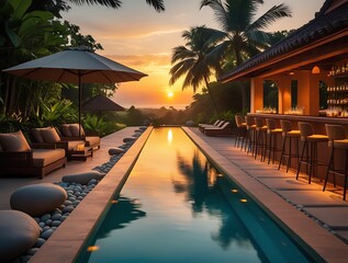 Fototapeta premium Luxury tropical villa with an infinity pool at sunset, featuring elegant wooden architecture, lush palm trees, and an ocean view, creating a serene and relaxing vacation atmosphere 