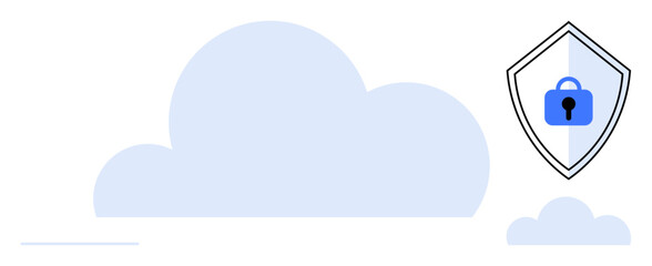 Large blue cloud beside small cloud with shield padlock icon. Ideal for cybersecurity, data protection, cloud storage, privacy, online safety, digital security, tech illustrations. Simple abstract