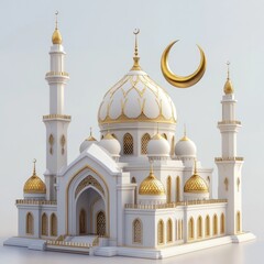 Obraz premium Elegant white mosque with golden details and crescent moon.