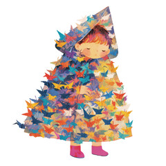 Child in colorful paper crane cloak enchanted forest digital art whimsical close-up imagination