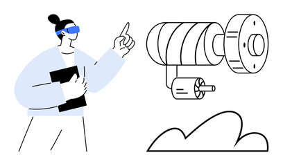 Person wearing augmented reality headset analyzing mechanical parts and holding a tablet. Ideal for technology, innovation, engineering, augmented reality, virtual design, prototyping, education