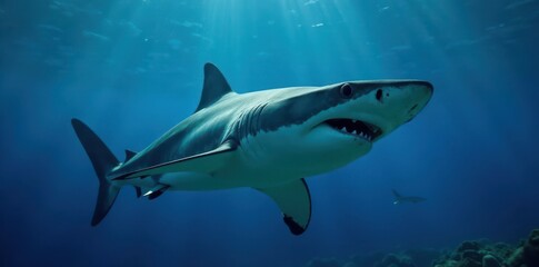 Fototapeta premium A hammerhead shark, mouth agape, hunts in blue water, animal, predator, wildlife photography