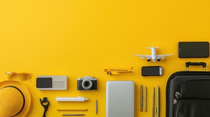 Fototapeta premium Travel Accessories and Essentials on Vibrant Yellow Background