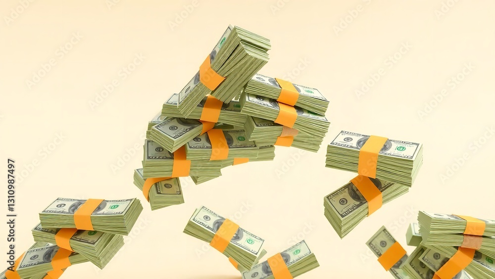 Poster a mesmerizing 3d rendering of falling stacks of dollar bills
