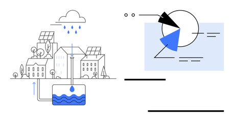 Smart homes using solar panels and rainwater collection system linked to water storage tank. Data pie chart analysis shown. Ideal for sustainability, eco-living, renewable energy, urban design © robu_s