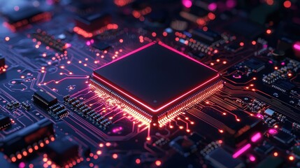 Obraz premium Close-up of illuminated central processing unit on circuit board.