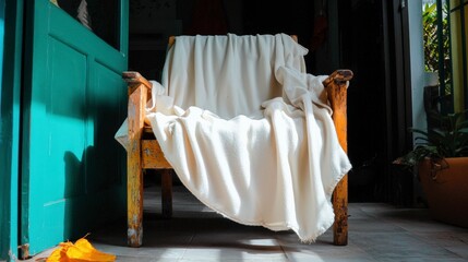 Cozy Rustic Chair with Cream Blanket  Tranquil Home Interior
