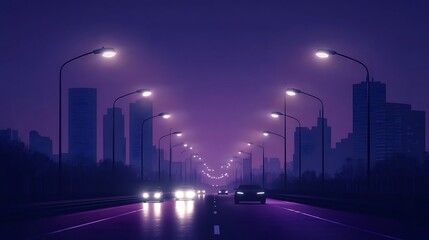 A nighttime cityscape with illuminated streetlights and cars on a road.