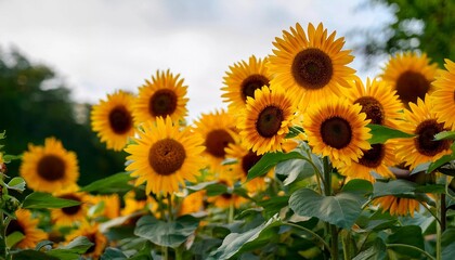 A vibrant sunflower field in full bloom, bathed in warm sunlight. The golden petals and lush green leaves create a stunning summer landscape, evoking joy, nature's beauty, and countryside charm.