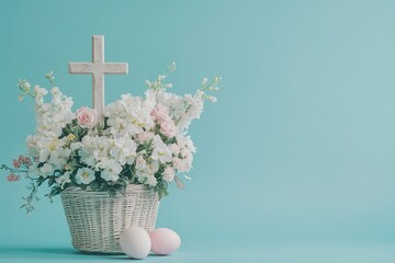 White wicker basket filled with white and pink flowers, white cross and Easter eggs on turquoise background, presenting spring festival elements.