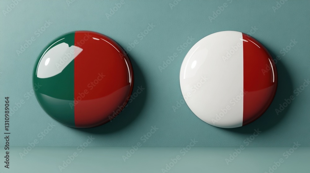 Aufkleber vibrant and glossy round badges featuring the flags of two distinct nations on a soft background