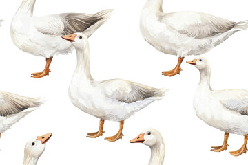 Fototapeta premium A watercolor seamless pattern of geese, isolate on white background, with soft brushstrokes and natural hues. PNG