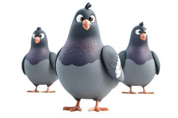 A 3D cartoon pigeon character, isolate on white background, with exaggerated features. PNG