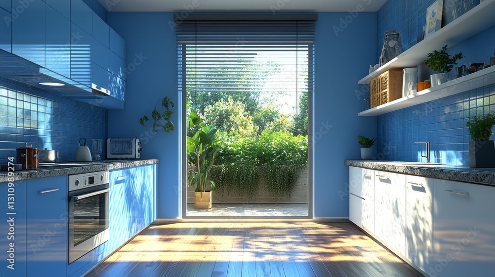 Poster sunlight streams through large windows, illuminating the vibrant blue cabinets and countertop of a m