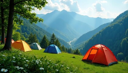 Brightly colored tents amidst lush green forest, mountain vista, beautiful landscape, fun