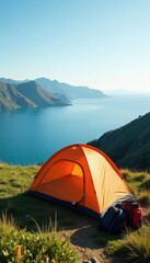 Camping tent, gear on grassy hilltop, ocean view , calm, untamed