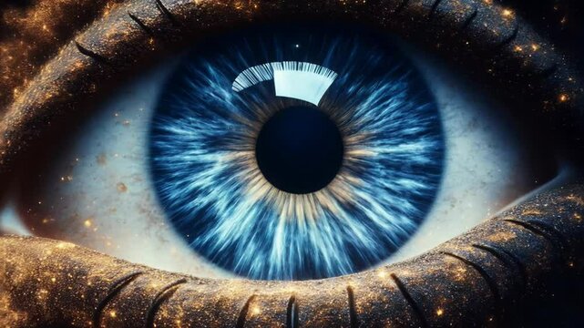 Cosmic eye gazing through space surrounded by stars, planets, and galactic nebulae, symbolizing universal consciousness and human connection to the cosmos