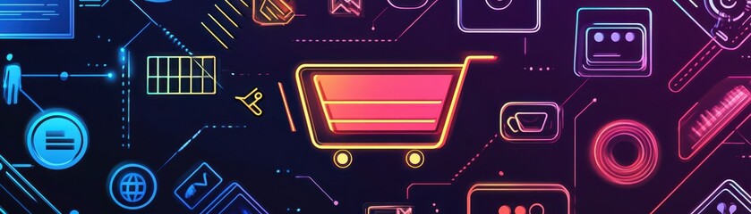 Obraz premium A vibrant close-up of a shopping cart filled with colorful items, surrounded by glowing neon signs in various shapes and colors, creating a lively urban shopping atmosphere.