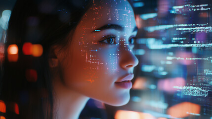A young woman talking to an AI-powered virtual assistant through a holographic interface, engaging in a futuristic conversation.