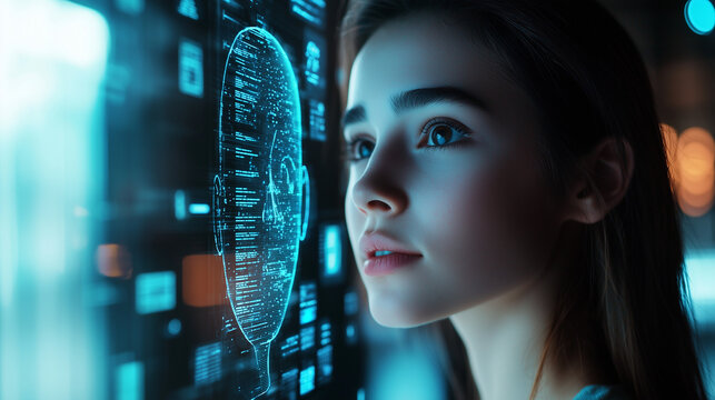 A young woman talking to an AI-powered virtual assistant through a holographic interface, engaging in a futuristic conversation.