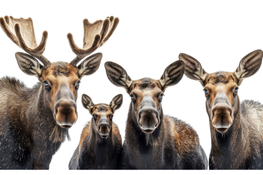 A family of moose, isolate on white background, gathered together with joyful expressions and playful interactions. PNG