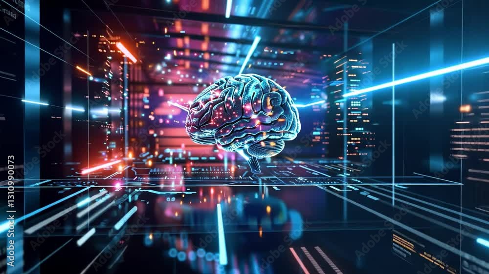 Poster futuristic digital brain glowing abstract of data streams and artificial intelligence technology in 