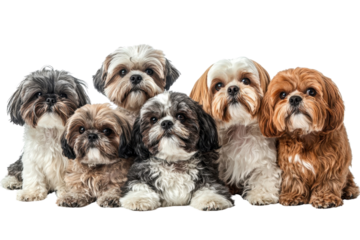 A family of Shih Tzus, isolate on white background, showcasing their joyful interactions and fluffy appearances. PNG