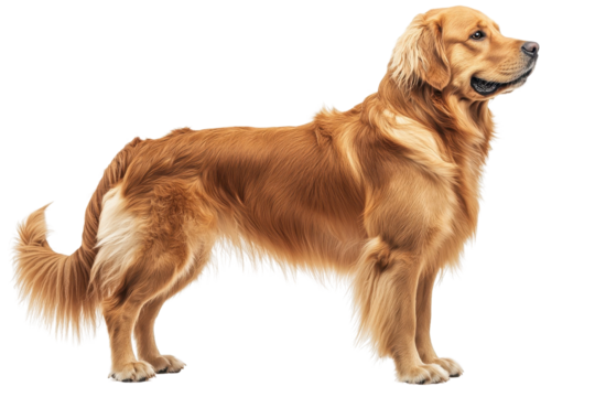 A Golden Retriever standing proudly, isolate on white background, embodying its friendly and loyal personality. PNG